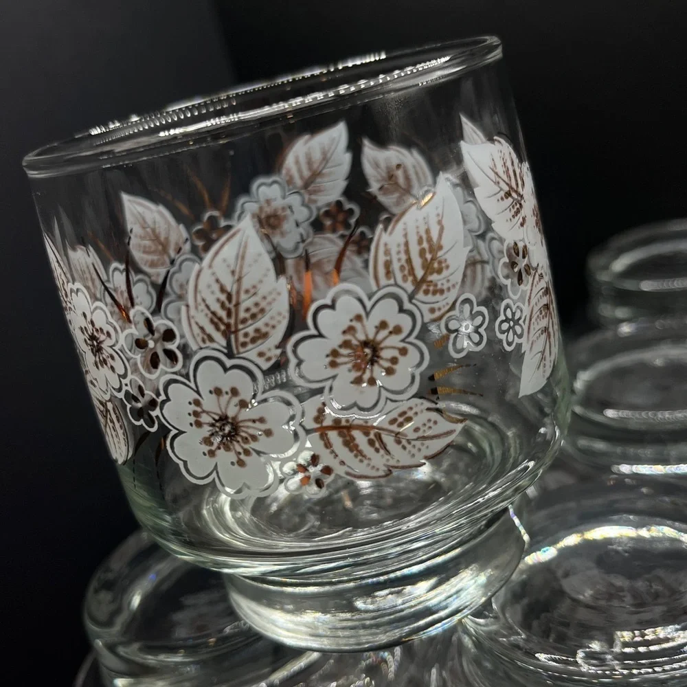 Vintage White/Gold 1950s Libbey Floral Tumblers Set of 7- Mid-Century Glassware